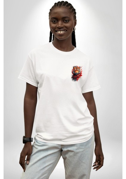 Modern Asya Esintili Kaplan Tasarımı Beyaz Oversize Kadın Erkek Ön ve Sırt Baskılı Tişört modelleri