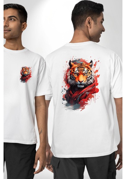 Modern Asya Esintili Kaplan Tasarımı Beyaz Oversize Kadın Erkek Ön ve Sırt Baskılı Tişört fırsatları