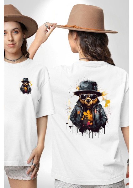 Beyaz Deri Ceketli Güneş Gözlüklü Ayı Teddy Beyaz Oversize Kadın Erkek Ön ve Sırt Baskılı Tişört