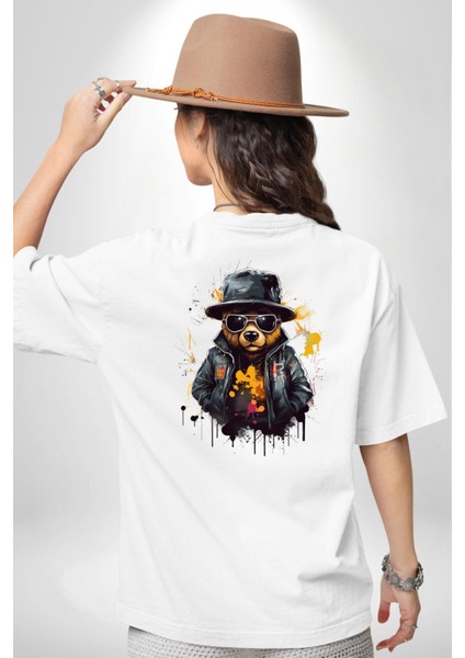 Beyaz Deri Ceketli Güneş Gözlüklü Ayı Teddy Beyaz Oversize Kadın Erkek Ön ve Sırt Baskılı Tişört fiyatları