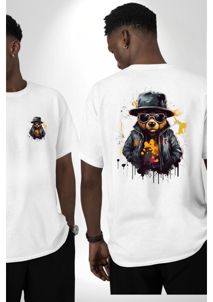 Beyaz Deri Ceketli Güneş Gözlüklü Ayı Teddy Beyaz Oversize Kadın Erkek Ön ve Sırt Baskılı Tişört fırsatları