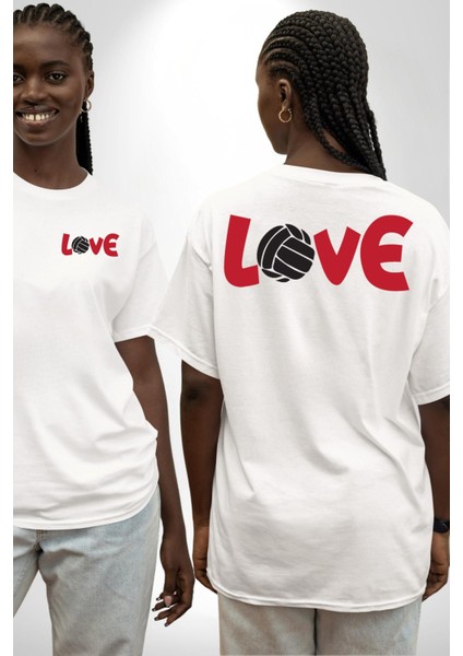 Love Voleybol Aşkı Beyaz Oversize Kadın Erkek Ön ve Sırt Baskılı Tişört