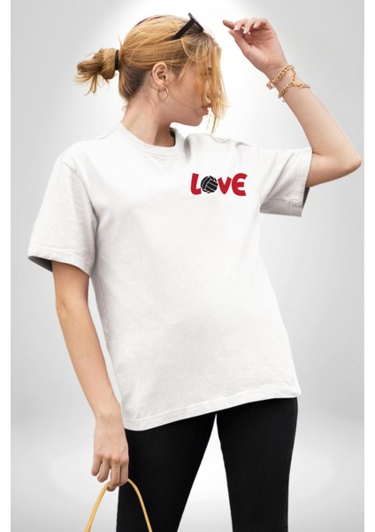 Love Voleybol Aşkı Beyaz Oversize Kadın Erkek Ön ve Sırt Baskılı Tişört modelleri