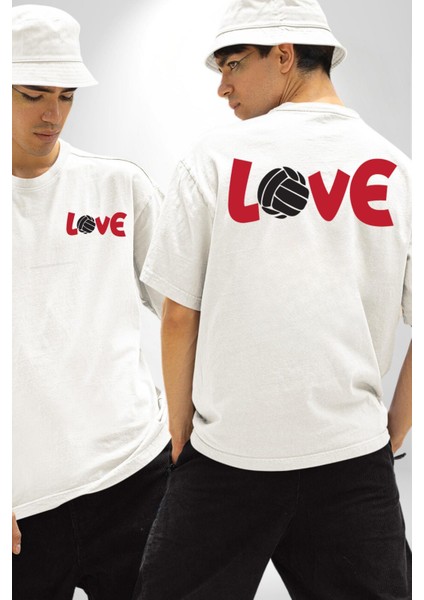 Love Voleybol Aşkı Beyaz Oversize Kadın Erkek Ön ve Sırt Baskılı Tişört fırsatları