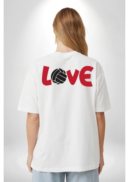 Love Voleybol Aşkı Beyaz Oversize Kadın Erkek Ön ve Sırt Baskılı Tişört indirimleri