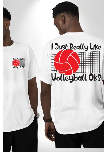 Voleybolu Seviyorum Beyaz Oversize Kadın Erkek Ön ve Sırt Baskılı Tişört