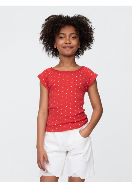 Kız Çocuk Kırmızı Dantel Yaka Pointelle T-Shirt