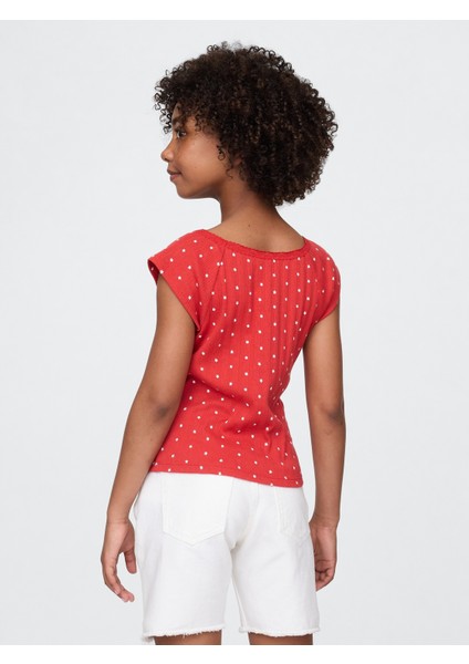 Kız Çocuk Kırmızı Dantel Yaka Pointelle T-Shirt modelleri