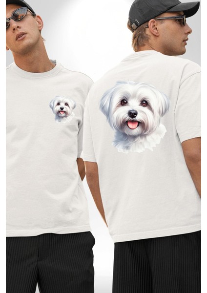 Sevimli Maltese Köpek Tasarımı Beyaz Oversize Kadın Erkek Ön ve Sırt Baskılı Tişört