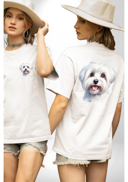 Sevimli Maltese Köpek Tasarımı Beyaz Oversize Kadın Erkek Ön ve Sırt Baskılı Tişört fırsatları