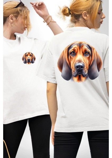 Arama Kurtarma Bloodhound Köpek Beyaz Oversize Kadın Erkek Ön ve Sırt Baskılı Tişört fırsatları