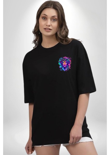 Yılan Saçlı Medusa Siyah Oversize Kadın Erkek Ön ve Sırt Baskılı Tişört modelleri