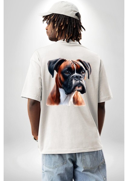 Enerjik Boxer Köpek Tasarımı Beyaz Oversize Kadın Erkek Ön ve Sırt Baskılı Tişört fiyatları