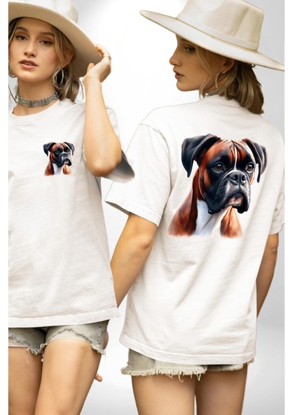 Enerjik Boxer Köpek Tasarımı Beyaz Oversize Kadın Erkek Ön ve Sırt Baskılı Tişört fırsatları