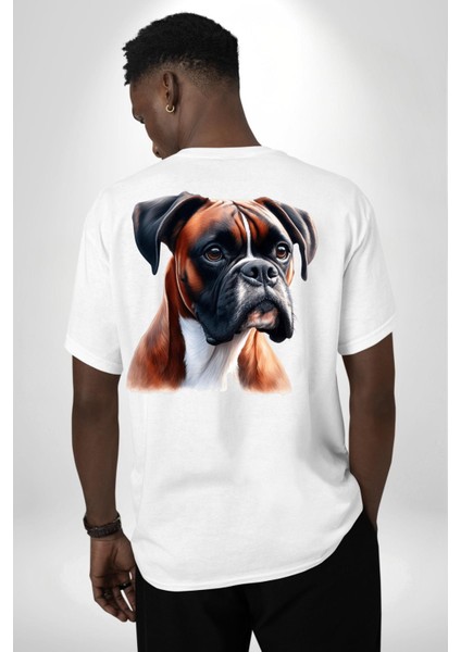 Enerjik Boxer Köpek Tasarımı Beyaz Oversize Kadın Erkek Ön ve Sırt Baskılı Tişört indirimleri