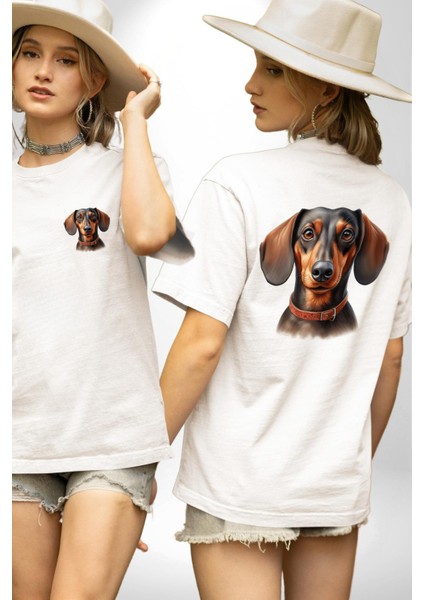 Tatlı Dachshund Köpek Aşkı Beyaz Oversize Kadın Erkek Ön ve Sırt Baskılı Tişört