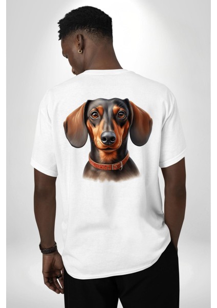 Tatlı Dachshund Köpek Aşkı Beyaz Oversize Kadın Erkek Ön ve Sırt Baskılı Tişört fiyatları