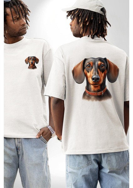 Tatlı Dachshund Köpek Aşkı Beyaz Oversize Kadın Erkek Ön ve Sırt Baskılı Tişört fırsatları