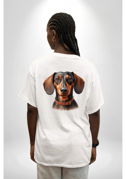 Tatlı Dachshund Köpek Aşkı Beyaz Oversize Kadın Erkek Ön ve Sırt Baskılı Tişört indirimleri