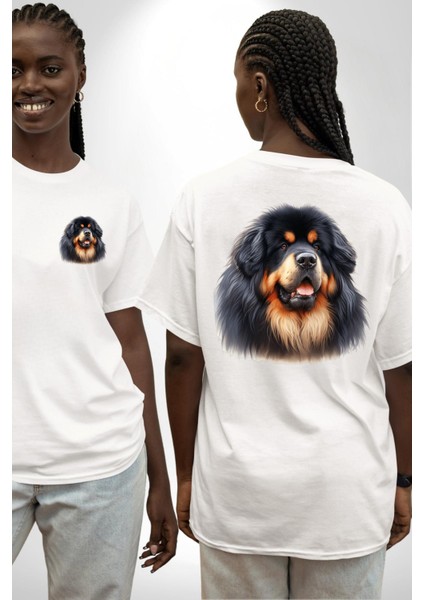 Tibetan Mastiff Güçlü Sadık Köpek Beyaz Oversize Kadın Erkek Ön ve Sırt Baskılı Tişört