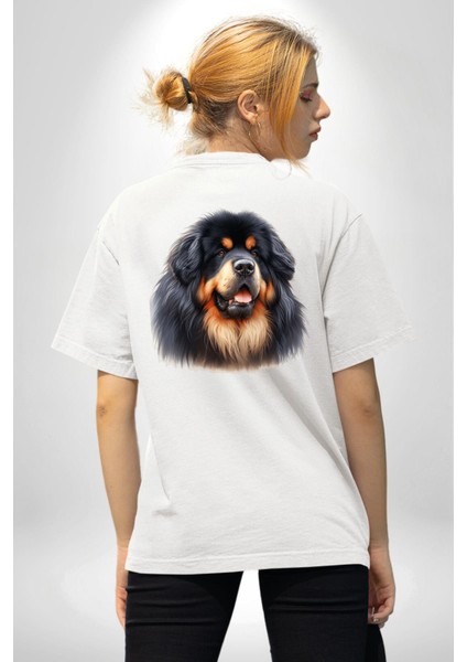 Tibetan Mastiff Güçlü Sadık Köpek Beyaz Oversize Kadın Erkek Ön ve Sırt Baskılı Tişört fiyatları