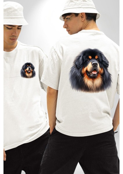 Tibetan Mastiff Güçlü Sadık Köpek Beyaz Oversize Kadın Erkek Ön ve Sırt Baskılı Tişört fırsatları