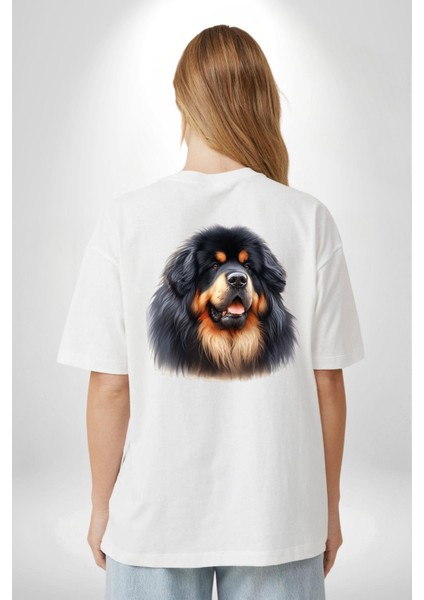 Tibetan Mastiff Güçlü Sadık Köpek Beyaz Oversize Kadın Erkek Ön ve Sırt Baskılı Tişört indirimleri