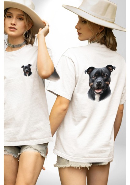 Staffordshire Bull Terrier Köpek Tasarımı Beyaz Oversize Kadın Erkek Ön ve Sırt Baskılı Tişört