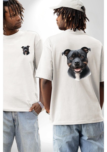Staffordshire Bull Terrier Köpek Tasarımı Beyaz Oversize Kadın Erkek Ön ve Sırt Baskılı Tişört fırsatları