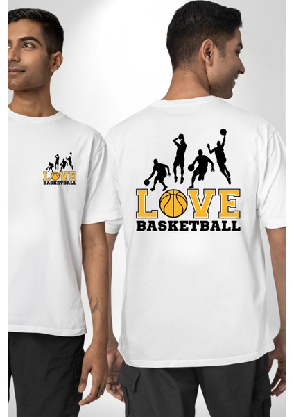 Basketbol Topu ile Sokak Basketi Aşkı Beyaz Oversize Kadın Erkek Ön ve Sırt Baskılı Tişört