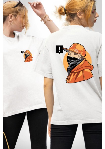 Sokak Tarzı Baskılı Gençler Için Grafik Tasarım Beyaz Oversize Kadın Erkek Ön ve Sırt Baskılı Tişört