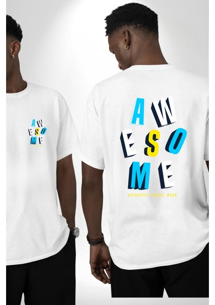 Awesome Baskılı Enerjik ve Renkli Grafik Tasarım Beyaz Oversize Kadın Erkek Ön ve Sırt Baskılı Tişört