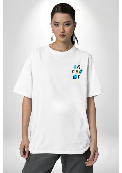 Awesome Baskılı Enerjik ve Renkli Grafik Tasarım Beyaz Oversize Kadın Erkek Ön ve Sırt Baskılı Tişört modelleri