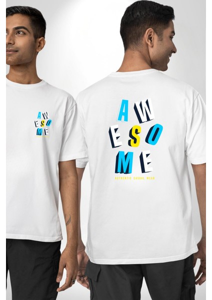 Awesome Baskılı Enerjik ve Renkli Grafik Tasarım Beyaz Oversize Kadın Erkek Ön ve Sırt Baskılı Tişört fırsatları