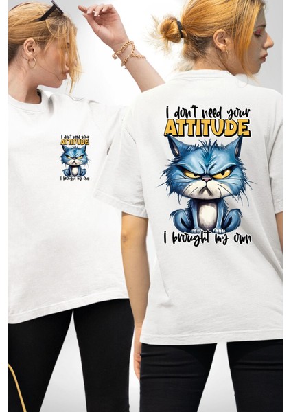 Kendi Tavrını Getiren Kedi Komik Kedi Beyaz Oversize Kadın Erkek Ön ve Sırt Baskılı Tişört
