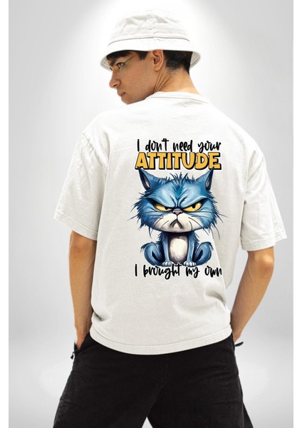 Kendi Tavrını Getiren Kedi Komik Kedi Beyaz Oversize Kadın Erkek Ön ve Sırt Baskılı Tişört fiyatları