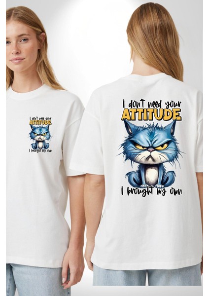 Kendi Tavrını Getiren Kedi Komik Kedi Beyaz Oversize Kadın Erkek Ön ve Sırt Baskılı Tişört fırsatları