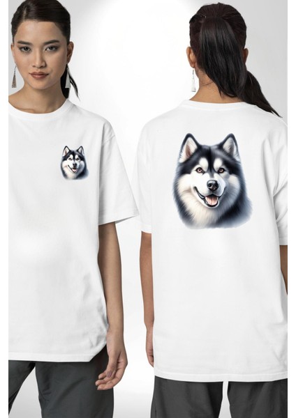 Güçlü Siberian Husky Köpek Büyük Irk Beyaz Oversize Kadın Erkek Ön ve Sırt Baskılı Tişört