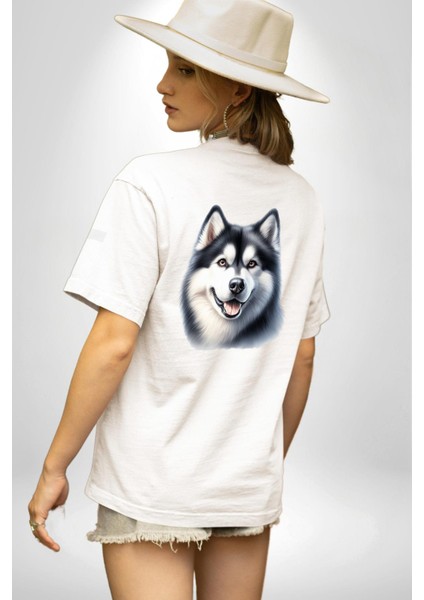 Güçlü Siberian Husky Köpek Büyük Irk Beyaz Oversize Kadın Erkek Ön ve Sırt Baskılı Tişört fiyatları