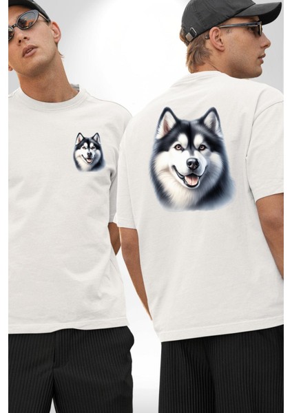 Güçlü Siberian Husky Köpek Büyük Irk Beyaz Oversize Kadın Erkek Ön ve Sırt Baskılı Tişört fırsatları