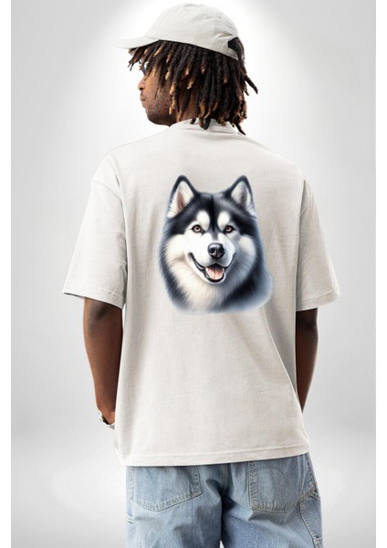 Güçlü Siberian Husky Köpek Büyük Irk Beyaz Oversize Kadın Erkek Ön ve Sırt Baskılı Tişört indirimleri