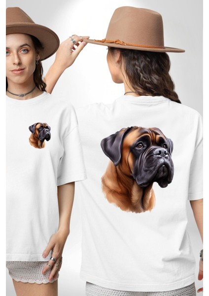 Güçlü Bullmastiff Köpek Beyaz Oversize Kadın Erkek Ön ve Sırt Baskılı Tişört