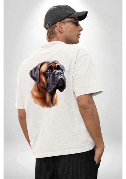 Güçlü Bullmastiff Köpek Beyaz Oversize Kadın Erkek Ön ve Sırt Baskılı Tişört fiyatları