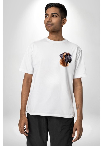 Güçlü Bullmastiff Köpek Beyaz Oversize Kadın Erkek Ön ve Sırt Baskılı Tişört modelleri