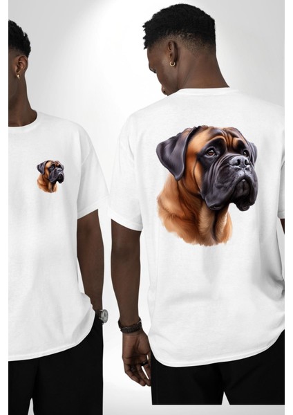 Güçlü Bullmastiff Köpek Beyaz Oversize Kadın Erkek Ön ve Sırt Baskılı Tişört fırsatları