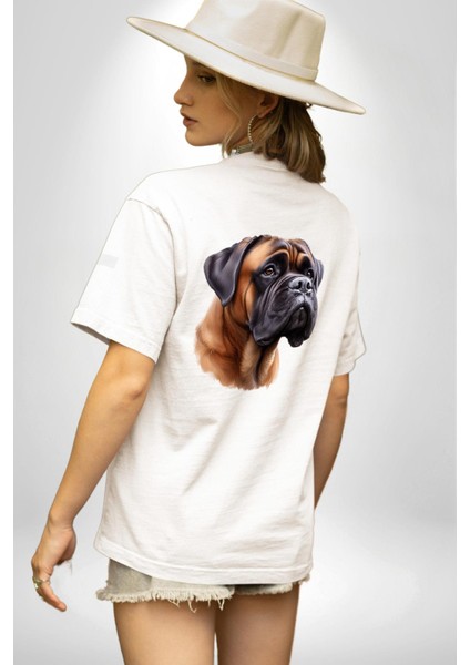 Güçlü Bullmastiff Köpek Beyaz Oversize Kadın Erkek Ön ve Sırt Baskılı Tişört indirimleri