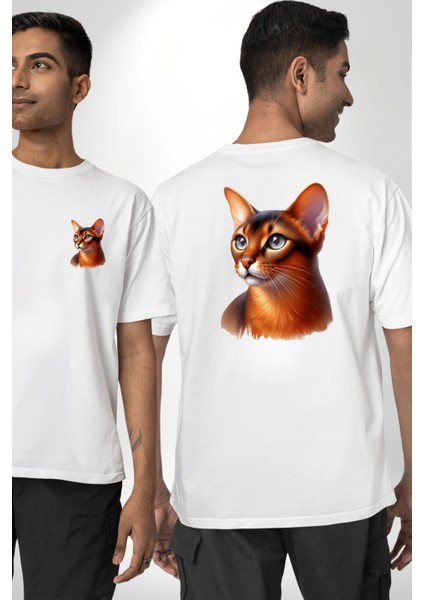 Habeş Kedi Severler Beyaz Oversize Kadın Erkek Ön ve Sırt Baskılı Tişört