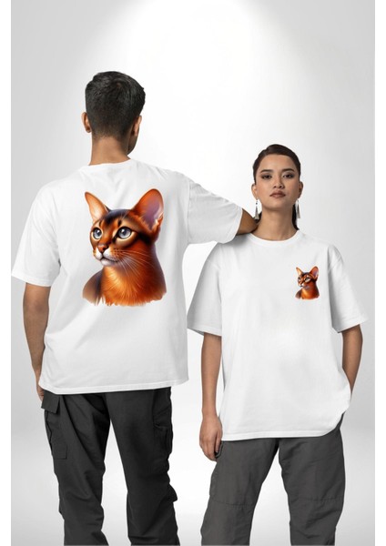 Habeş Kedi Severler Beyaz Oversize Kadın Erkek Ön ve Sırt Baskılı Tişört fırsatları