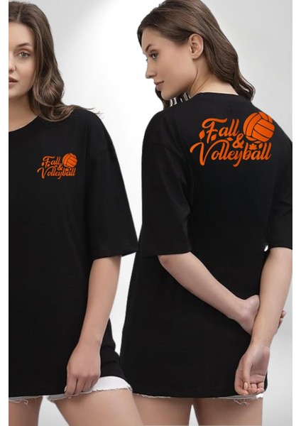 Sonbahar Voleybol Turuncu Voleybol Topu Siyah Oversize Kadın Erkek Ön ve Sırt Baskılı Tişört fırsatları