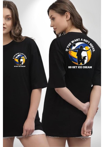 Eğlenceli Voleybol Yaz Siyah Oversize Kadın Erkek Ön ve Sırt Baskılı Tişört